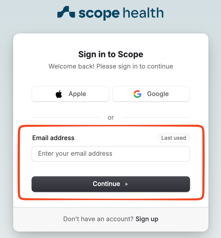 Sign in page with email field